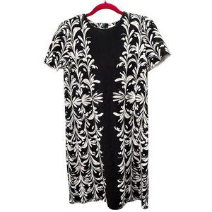 Tory Burch Sheath Dress S Black White Khaki Stretchy Raw Hem Leaf Vine Print